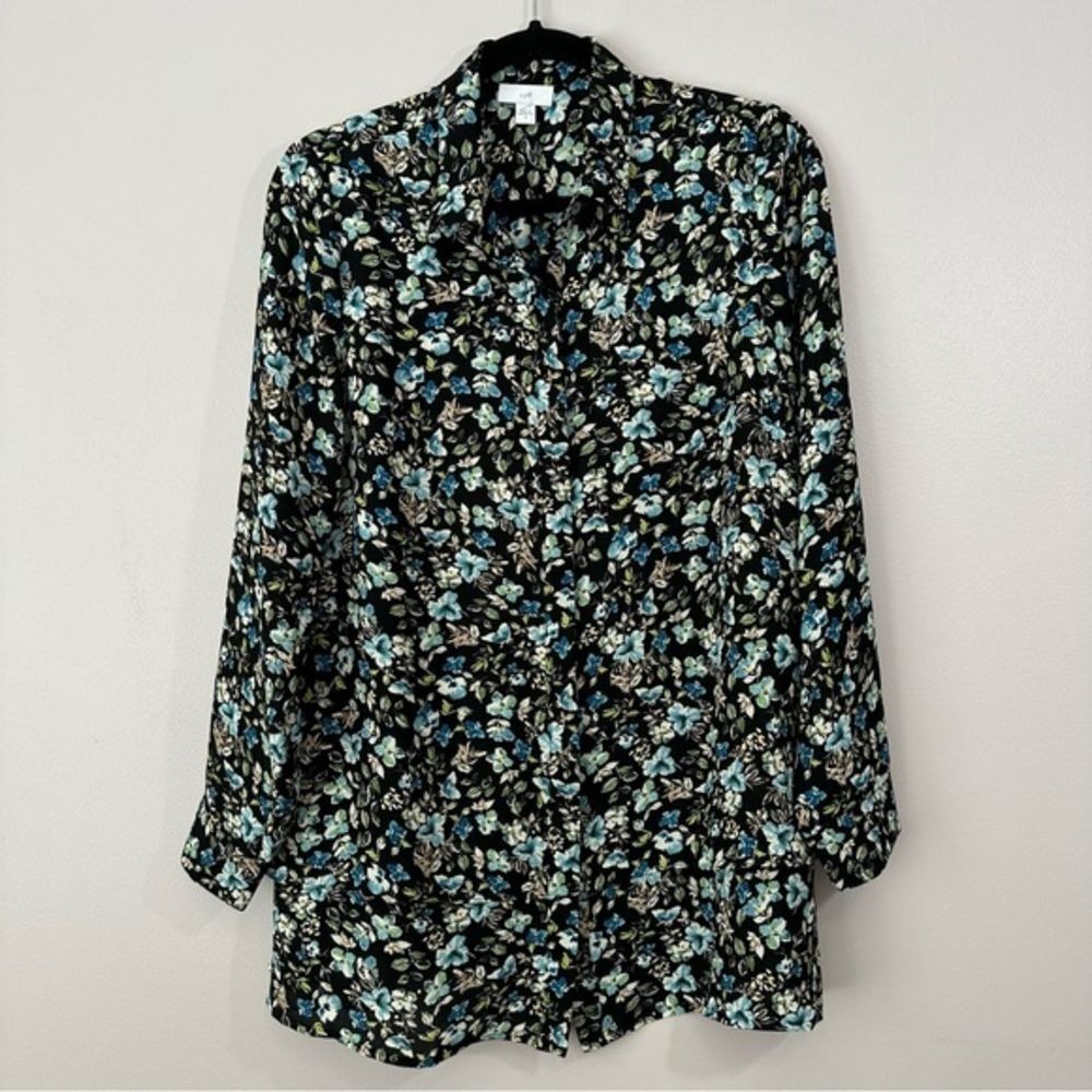 J. Jill Small Tunic Top Black Blue Floral Long Sleeve Button Down Blouse